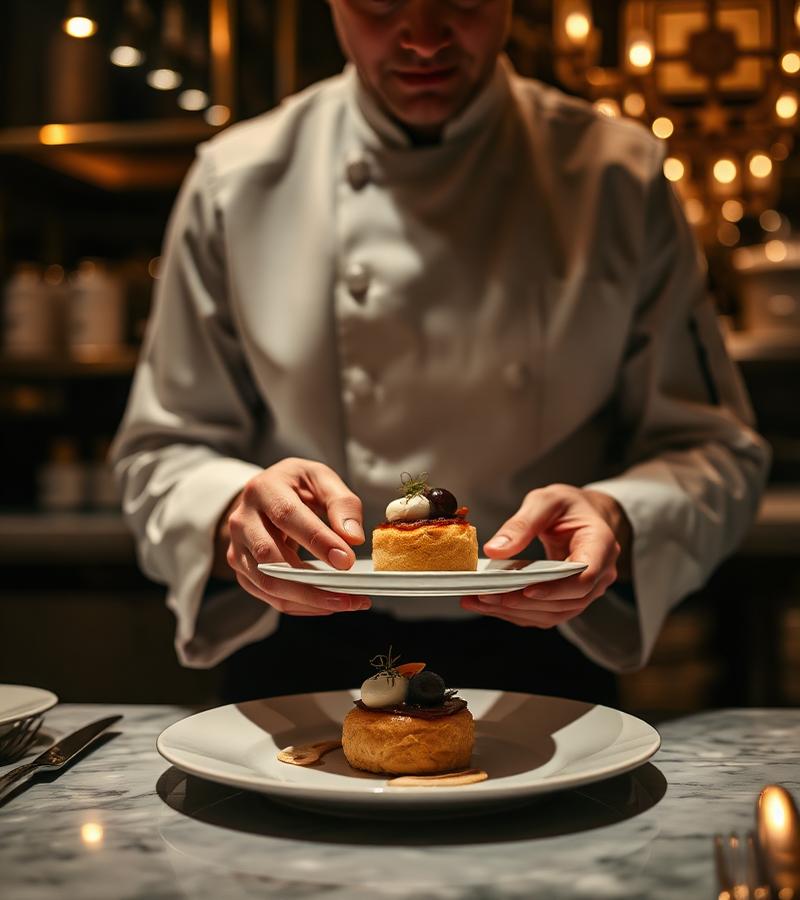 Chef emplatando un postre en cocina de lujo