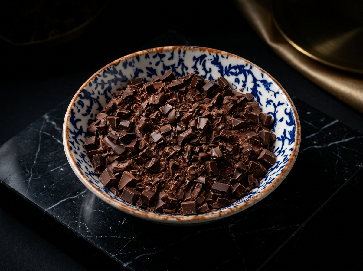 Chocolate belga troceado a mano sobre cerámica azul cobalto