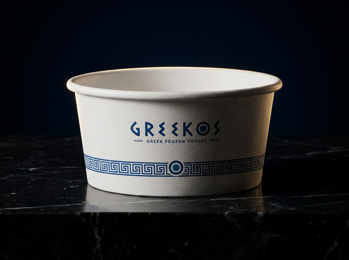 Vaso GREEKOS vacío con branding azul sobre mármol negro
