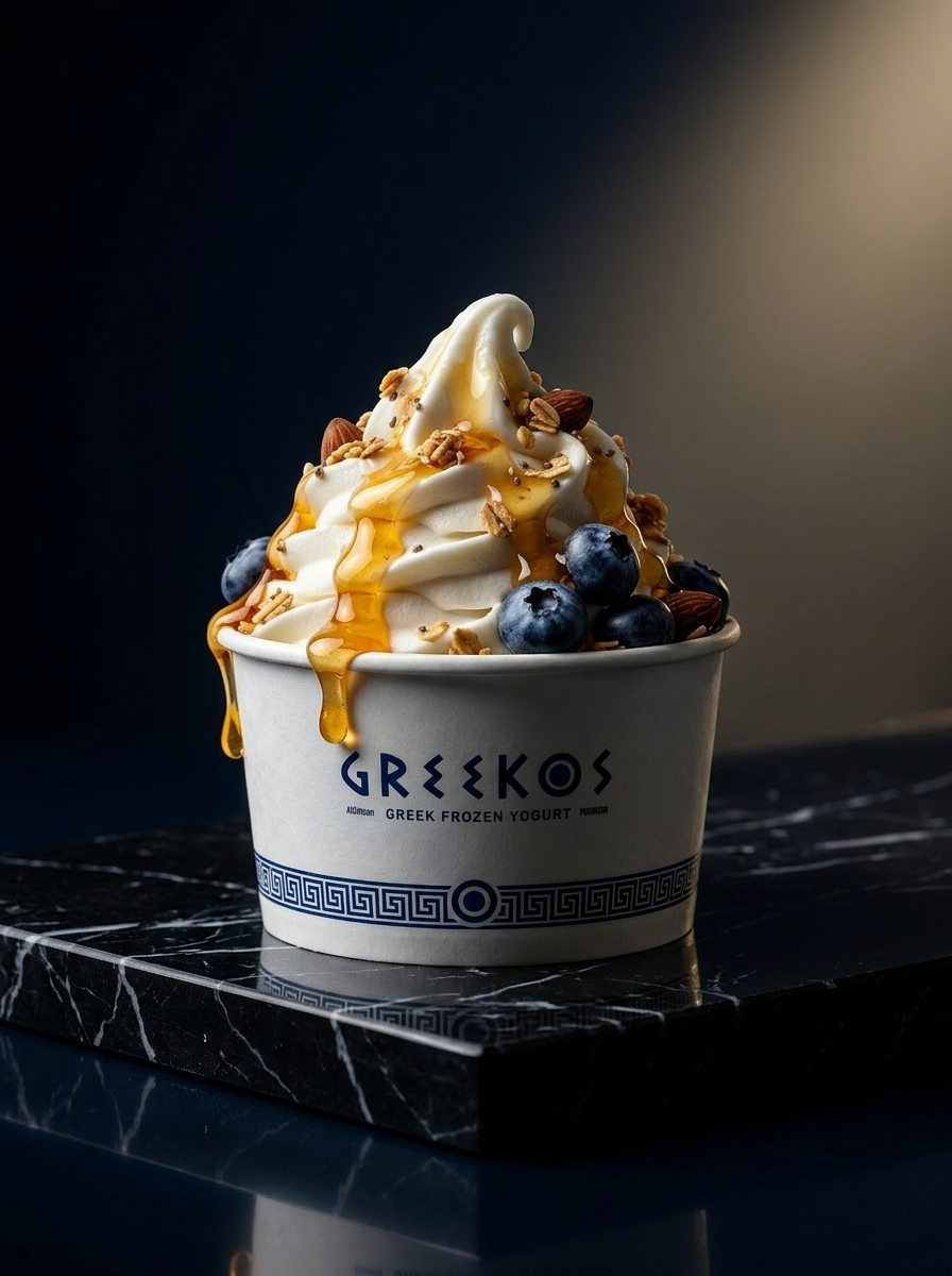 GREEKOS — yogurt griego helado con miel orgánica, granola, almendra y arándano azul