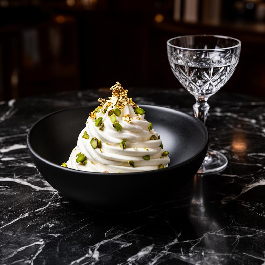Yogurt griego helado con pistache y oro comestible sobre mármol Nero Marquina