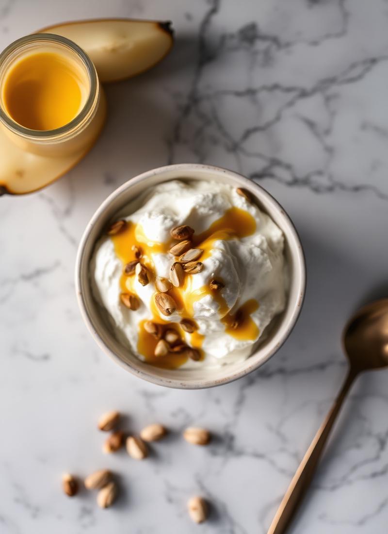 Bowl de yogurt griego helado sobre mármol blanco